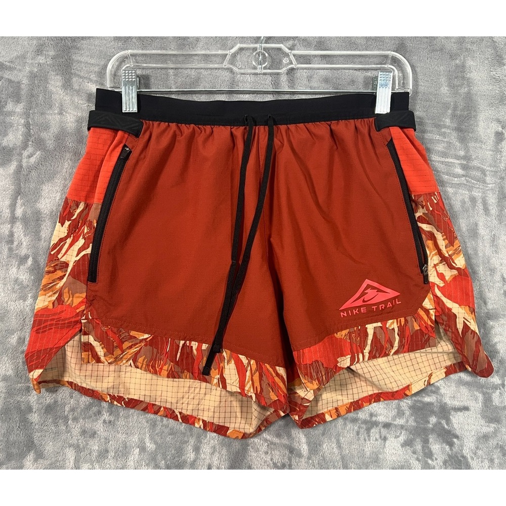 Nike Trail Running Shorts Mens Medium Camo Orange Red Zipper Gym Training Lined